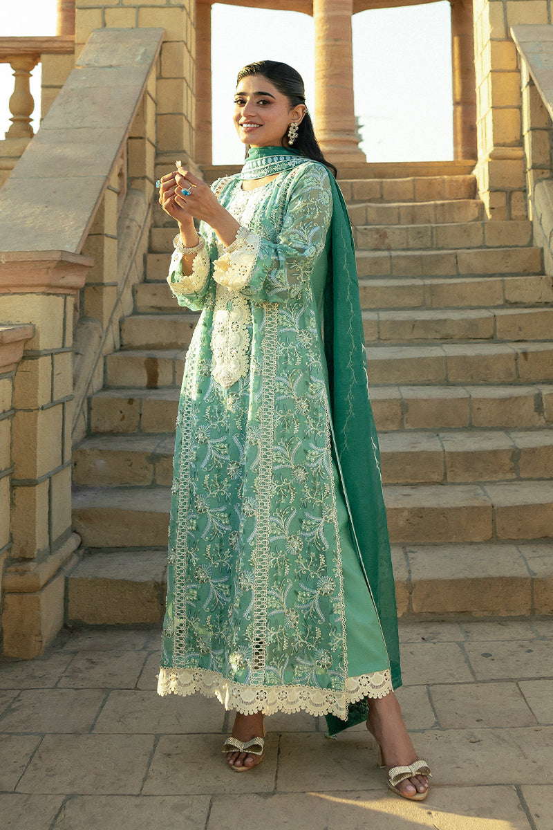Teal Embroidered Cotton Net Salwar Kameez (3-Piece) - Image 3
