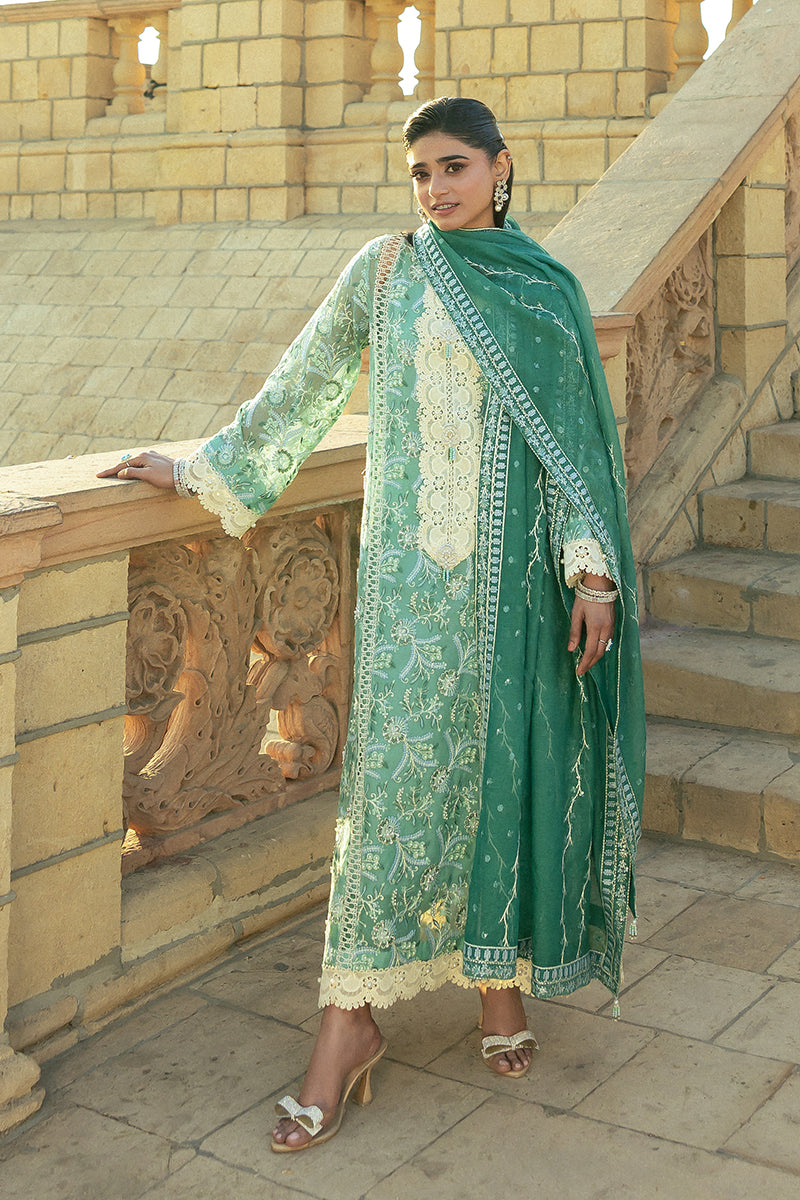 Teal Embroidered Cotton Net Salwar Kameez (3-Piece) - Image 4
