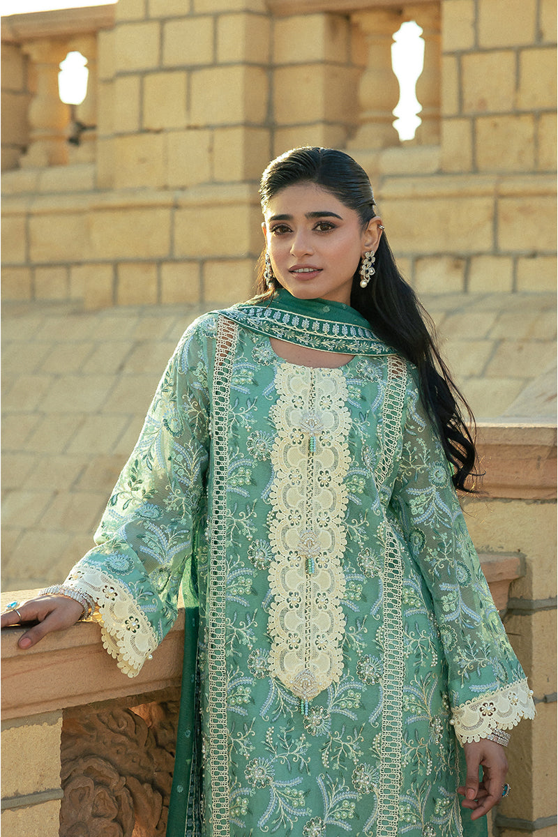Teal Embroidered Cotton Net Salwar Kameez (3-Piece) - Image 5