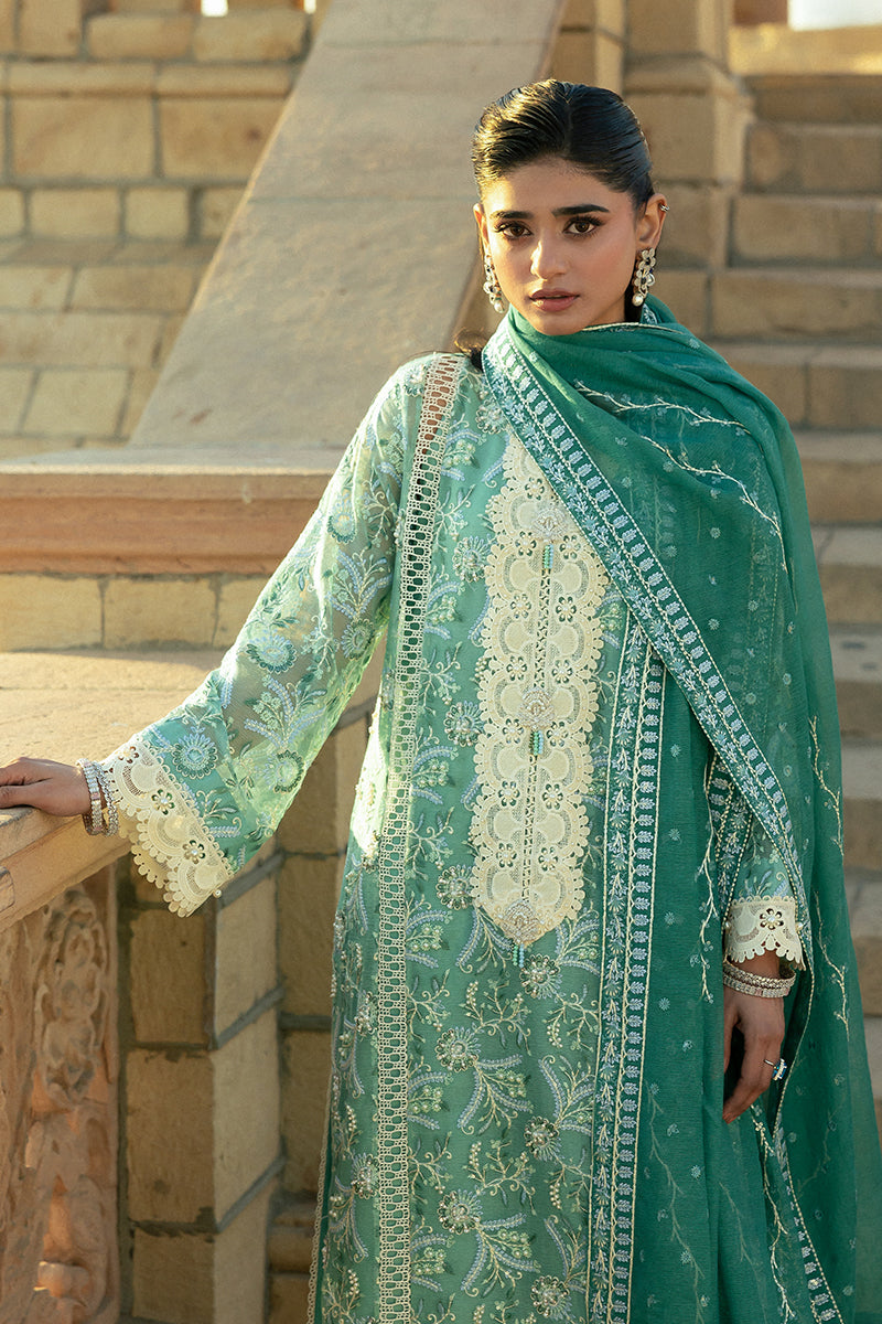 Teal Embroidered Cotton Net Salwar Kameez (3-Piece) - Image 7