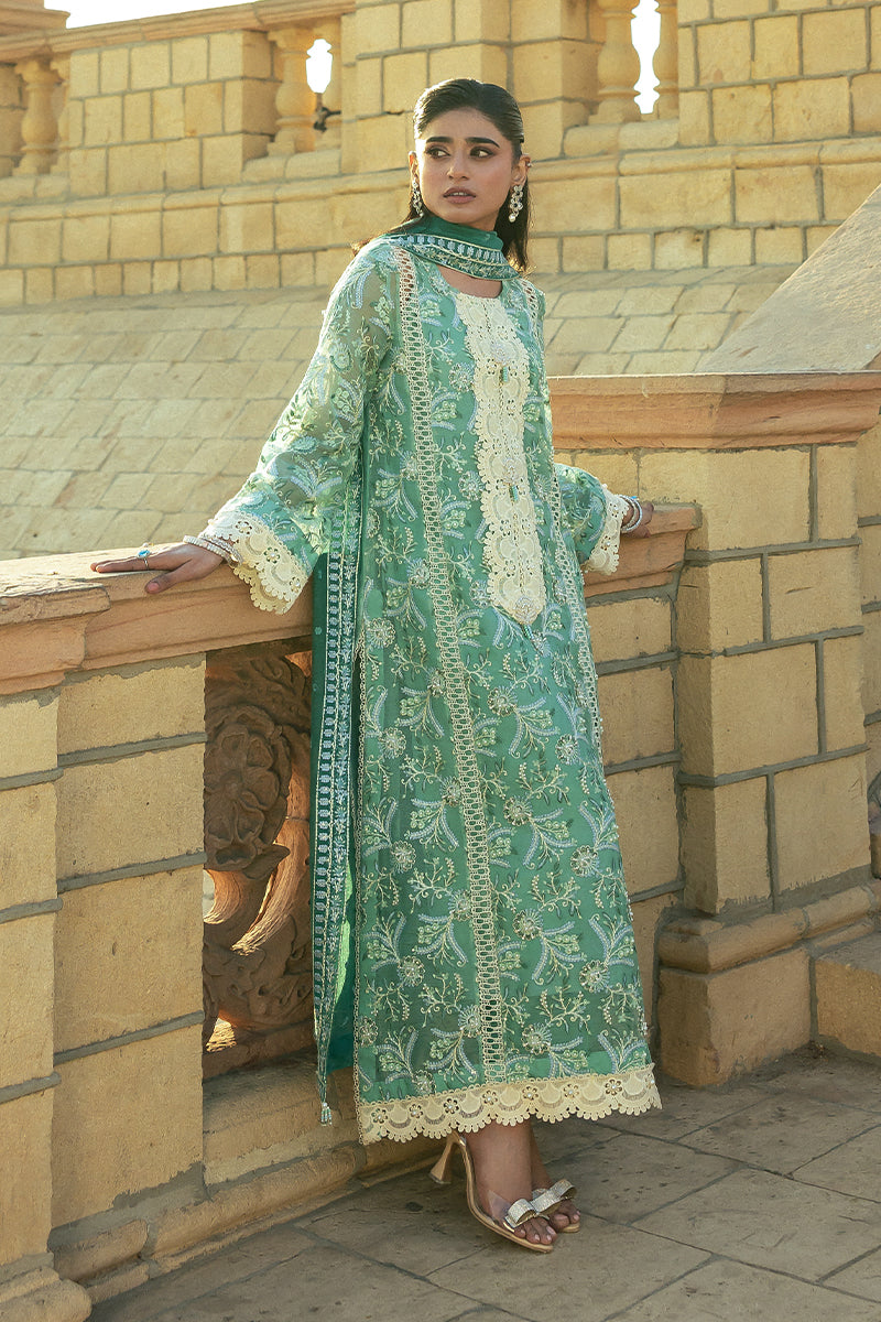 Teal Embroidered Cotton Net Salwar Kameez (3-Piece) - Image 8