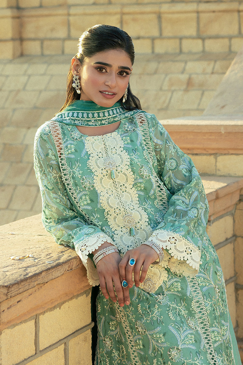 Teal Embroidered Cotton Net Salwar Kameez (3-Piece) - Image 9