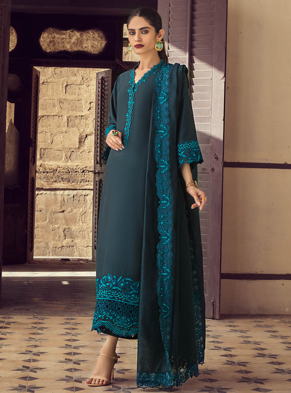 Teal Embroidered Cotton Silk Salwar Kameez (3-Piece) - Image 1