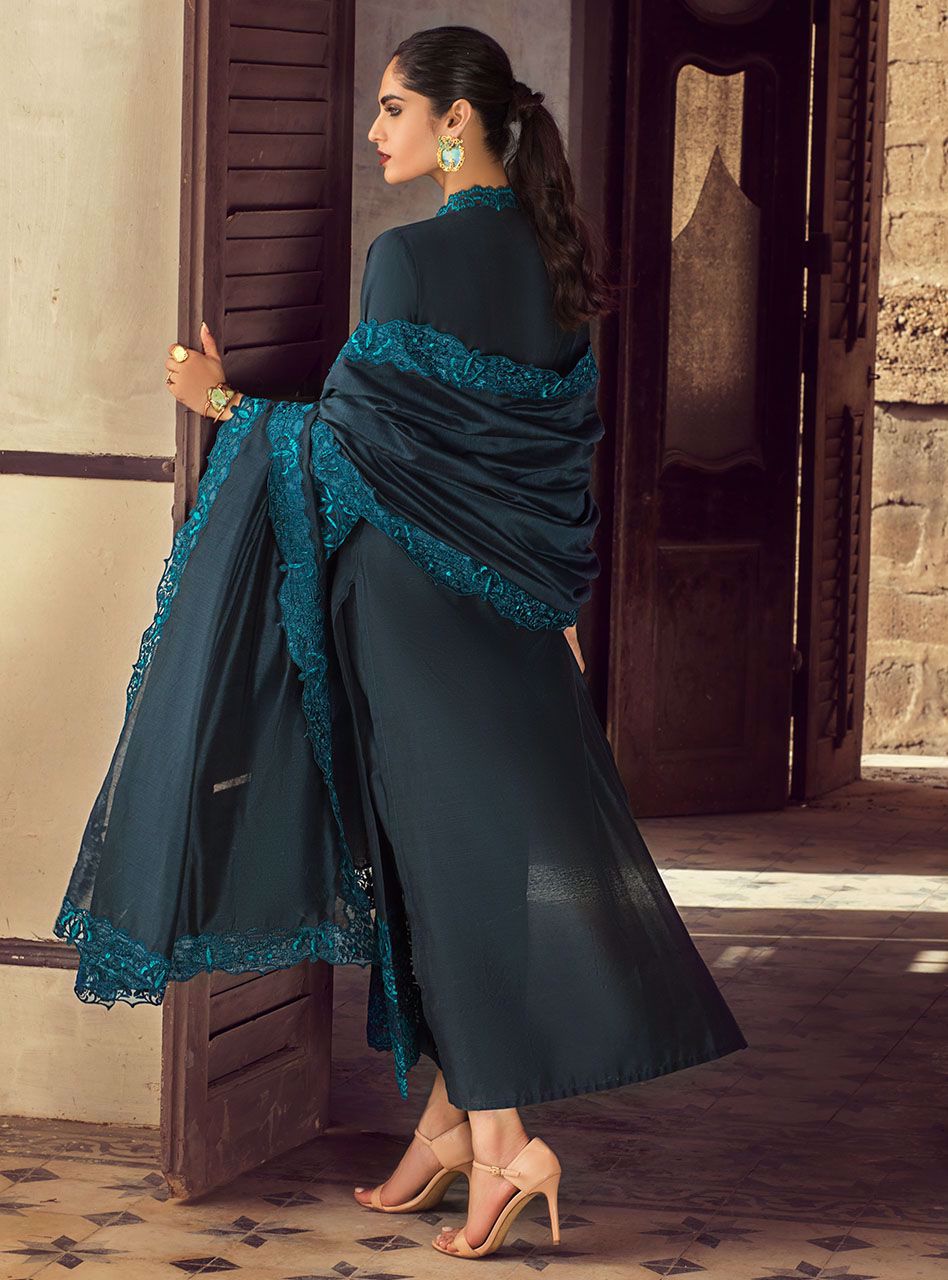 Teal Embroidered Cotton Silk Salwar Kameez (3-Piece) - Image 2