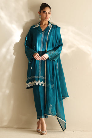 Teal Embroidered Cotton Silk Salwar Kameez (3-Piece) - Image 1