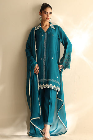 Teal Embroidered Cotton Silk Salwar Kameez (3-Piece) - Image 2