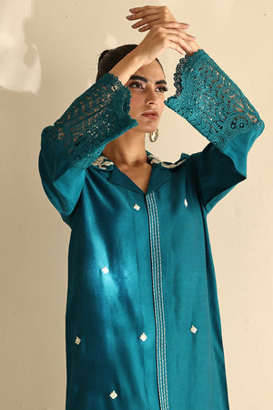 Teal Embroidered Cotton Silk Salwar Kameez (3-Piece) - Image 3