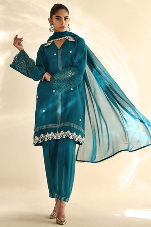 Teal Embroidered Cotton Silk Salwar Kameez (3-Piece) - Image 4