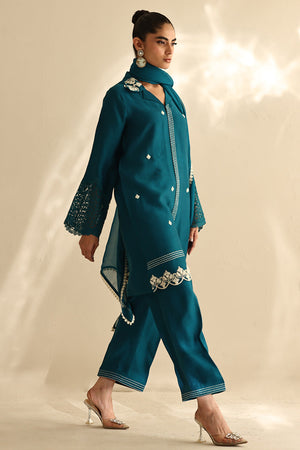Teal Embroidered Cotton Silk Salwar Kameez (3-Piece) - Image 5