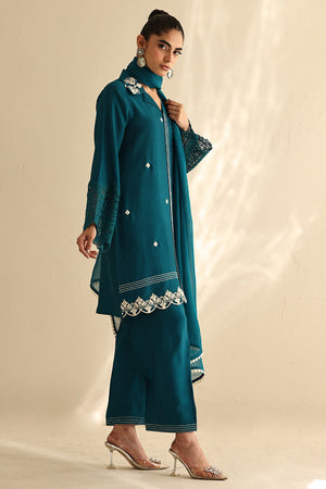 Teal Embroidered Cotton Silk Salwar Kameez (3-Piece) - Image 6