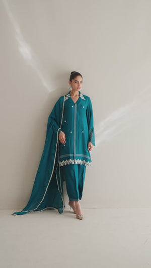 Teal Embroidered Cotton Silk Salwar Kameez (3-Piece) - Image 8