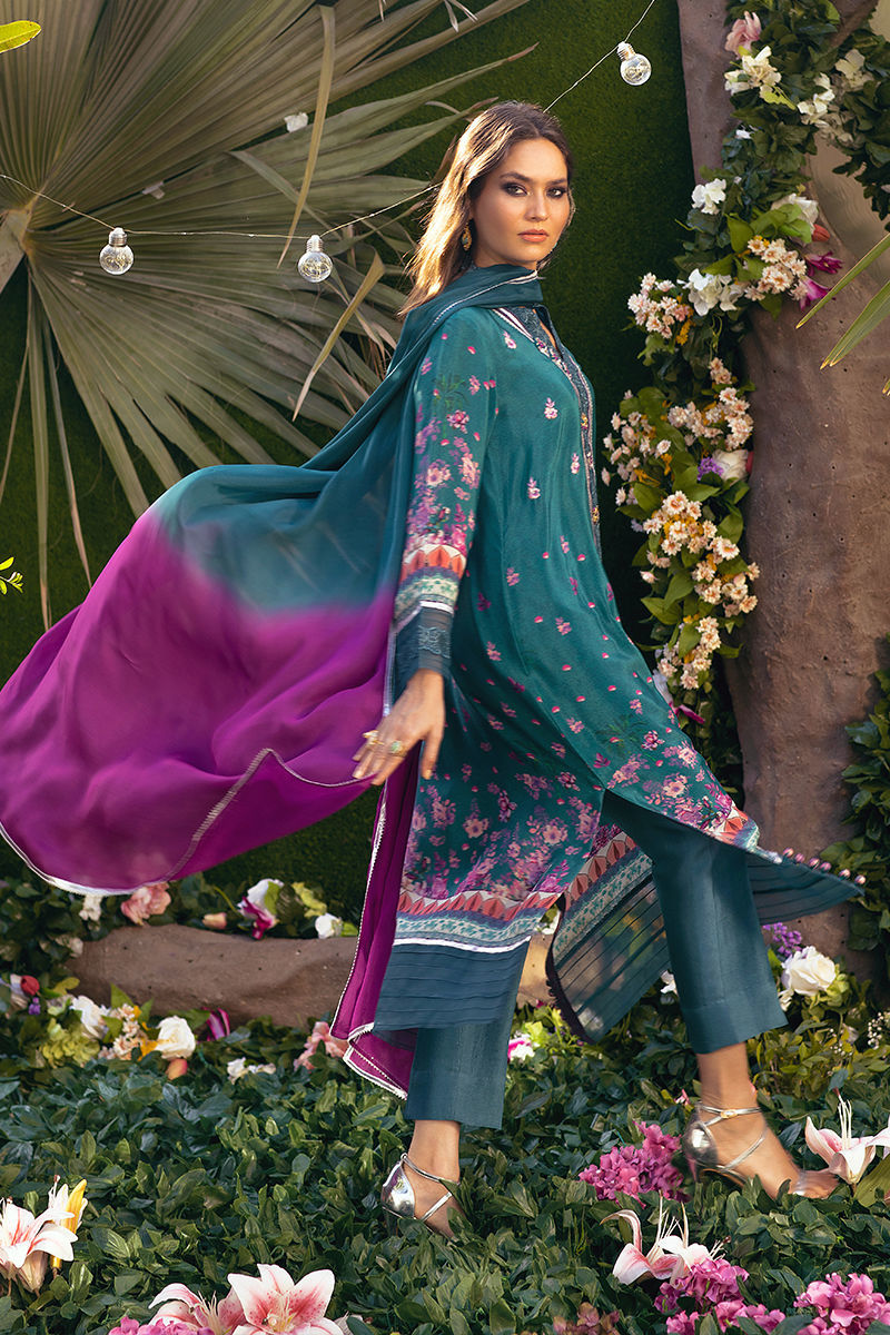 Pakistani Teal Printed Pure Crepe Silk Salwar Kameez (2-Piece) - Image 3