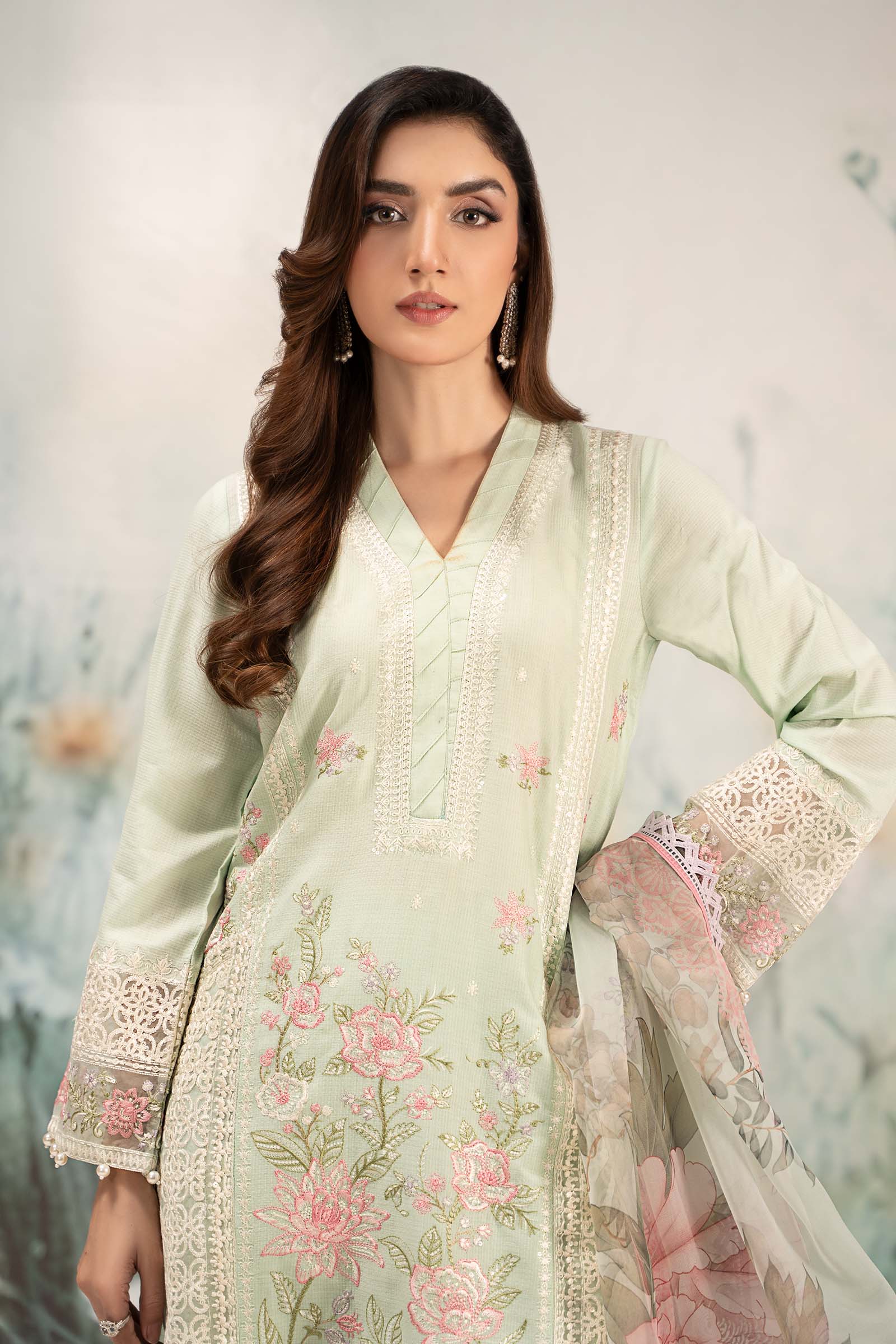 Pakistani Ferozi Embroidered Dobby Lawn 3-Piece Suit - Image 11