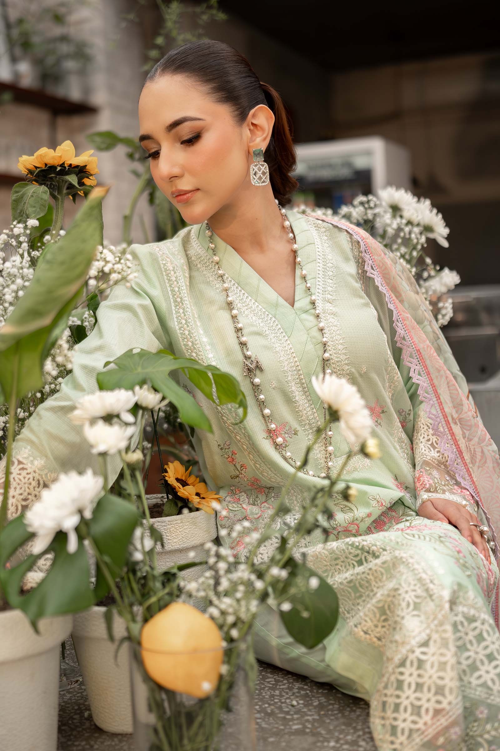 Pakistani Ferozi Embroidered Dobby Lawn 3-Piece Suit - Image 3
