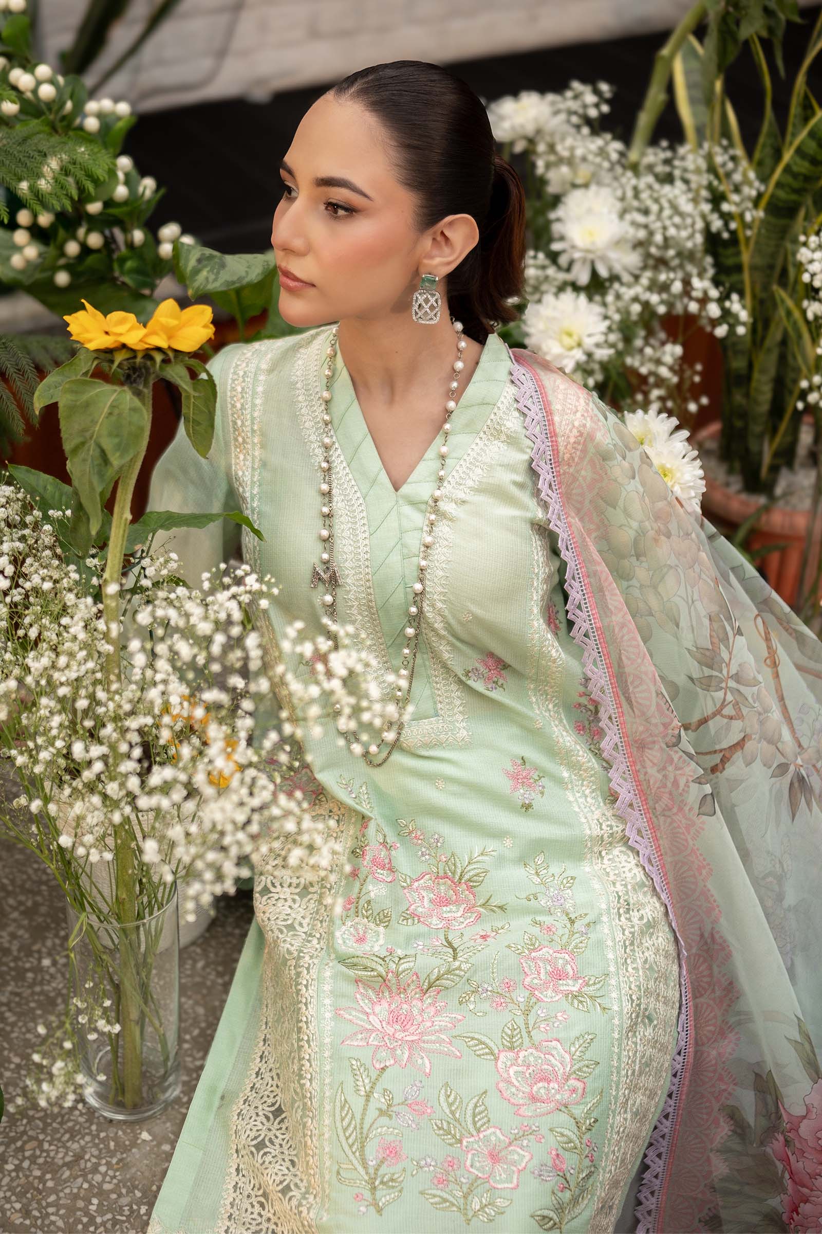 Pakistani Ferozi Embroidered Dobby Lawn 3-Piece Suit - Image 5