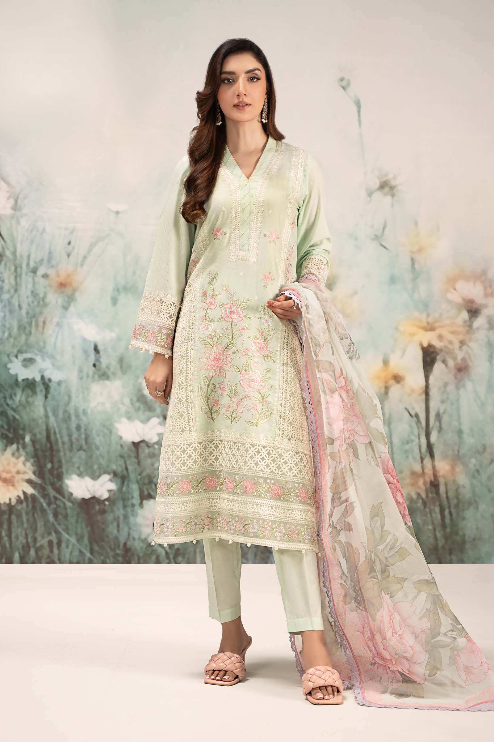 Pakistani Ferozi Embroidered Dobby Lawn 3-Piece Suit - Image 9