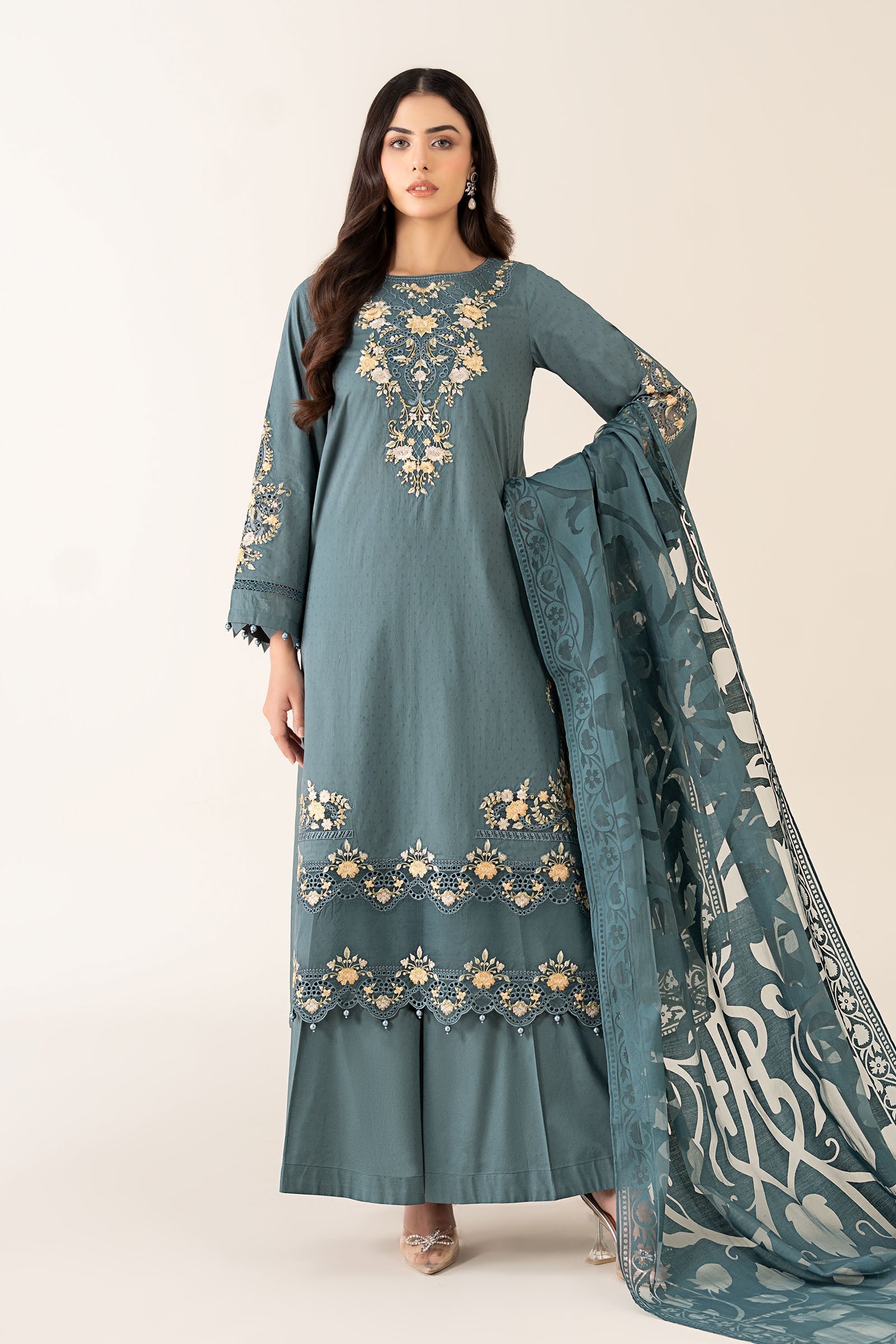 Pakistani Teal Embroidered Dobby Straight-Cut Salwar Kameez (3-Piece) - Image 2