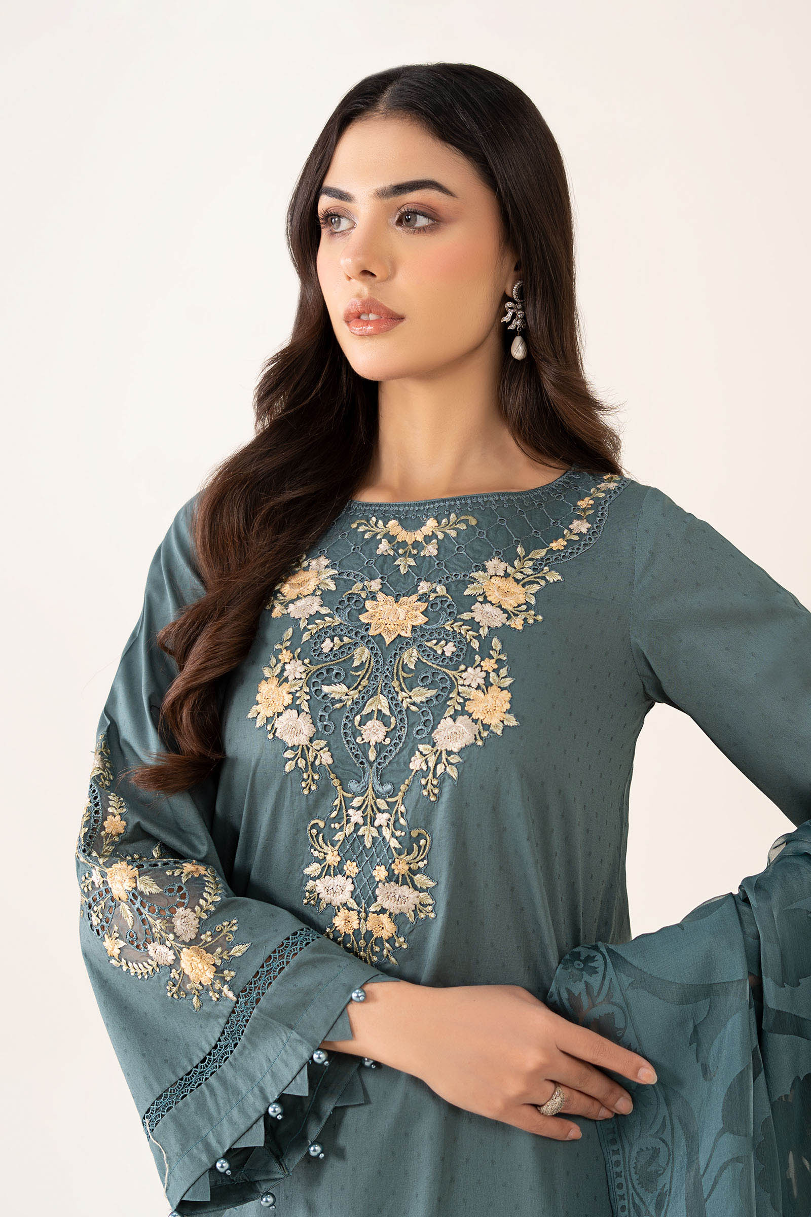 Pakistani Teal Embroidered Dobby Straight-Cut Salwar Kameez (3-Piece) - Image 3