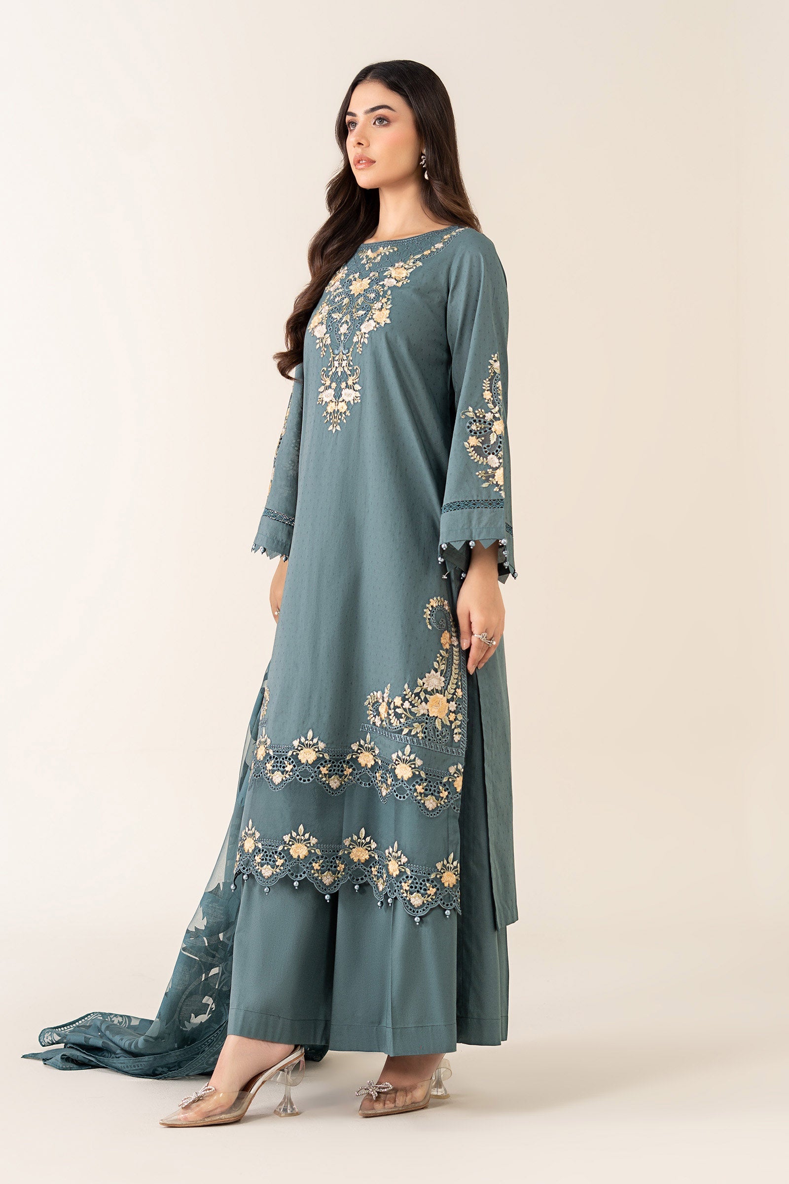 Pakistani Teal Embroidered Dobby Straight-Cut Salwar Kameez (3-Piece) - Image 4