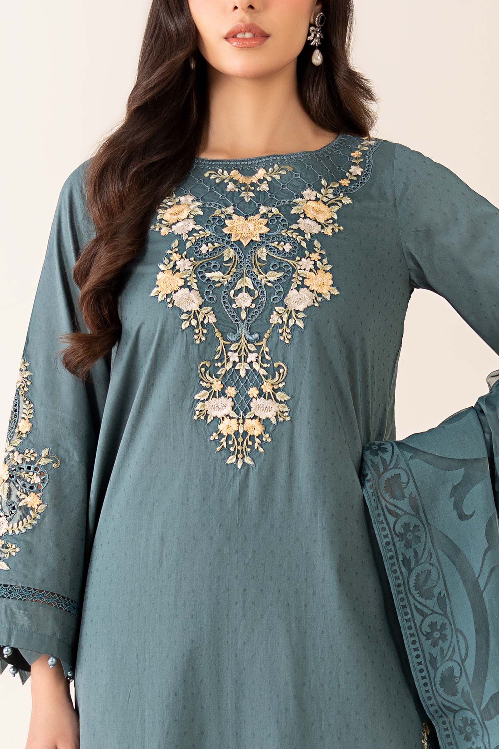 Pakistani Teal Embroidered Dobby Straight-Cut Salwar Kameez (3-Piece) - Image 5