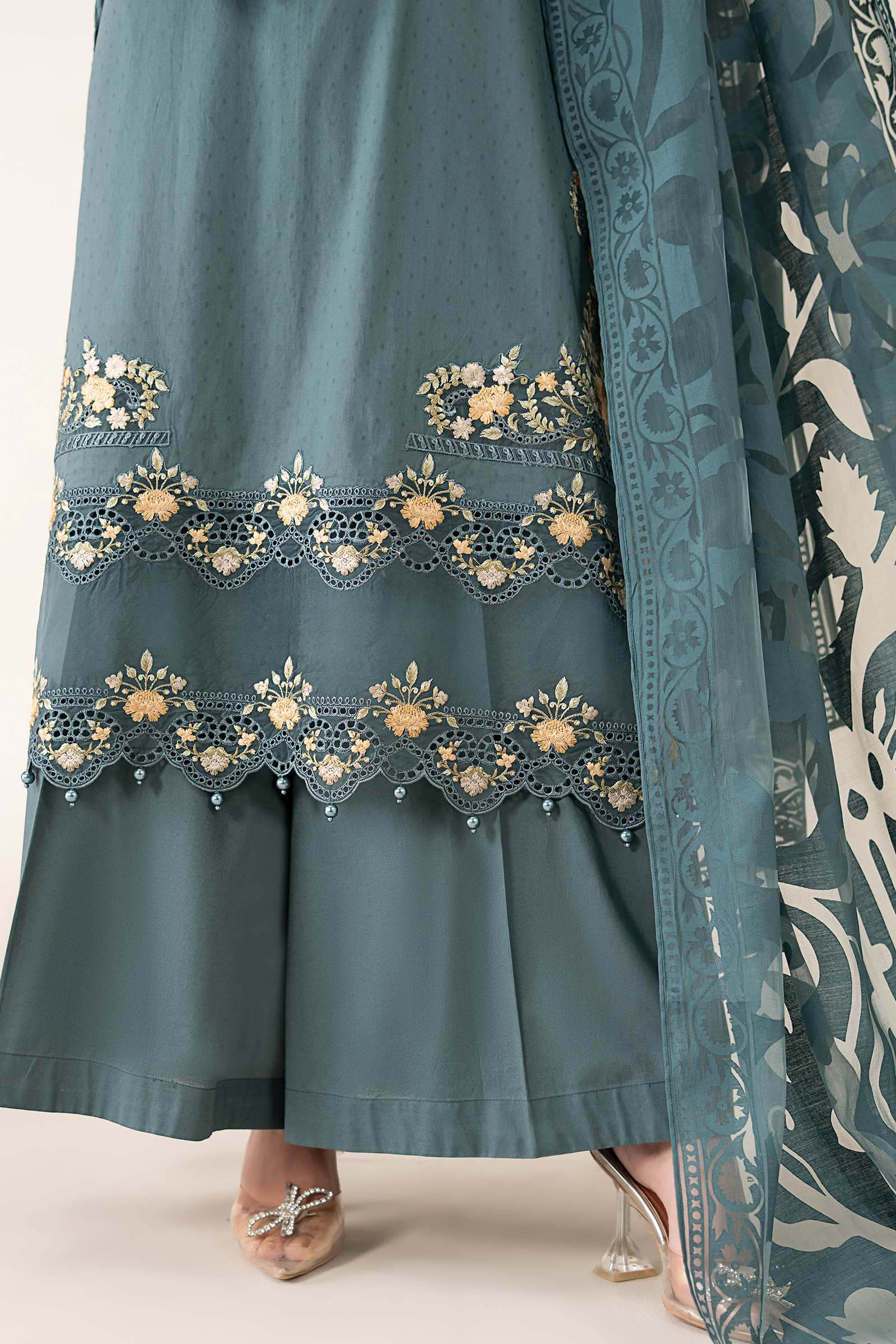 Pakistani Teal Embroidered Dobby Straight-Cut Salwar Kameez (3-Piece) - Image 6
