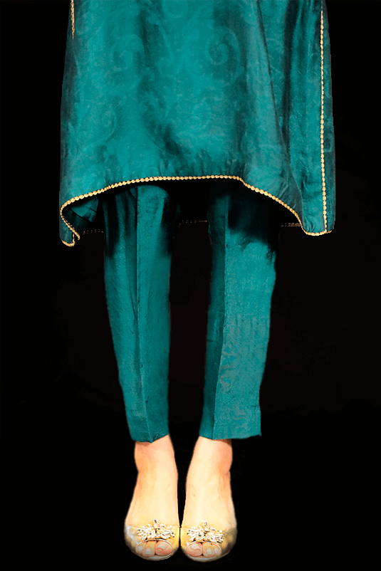 Peacock Teal Hand-Embellished Jacquard Kurta Set (2-Piece) - Image 1