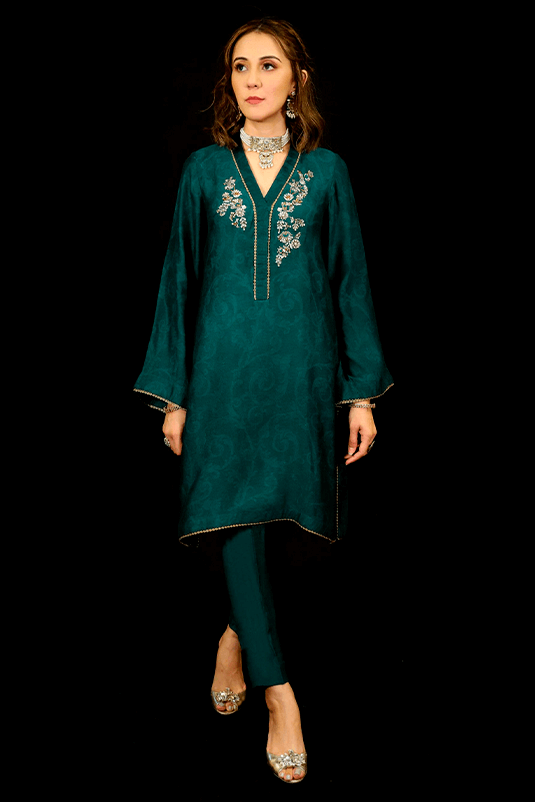 Peacock Teal Hand-Embellished Jacquard Kurta Set (2-Piece) - Image 2