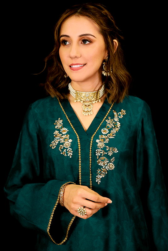 Peacock Teal Hand-Embellished Jacquard Kurta Set (2-Piece) - Image 3