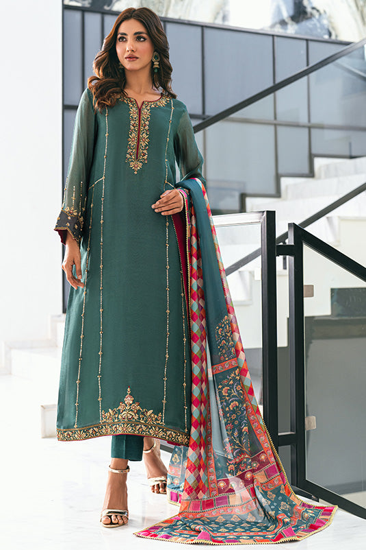 Teal Embroidered Khaadi Net Salwar Kameez (3-Piece) - Image 2