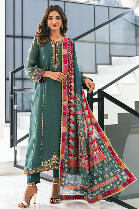 Teal Embroidered Khaadi Net Salwar Kameez (3-Piece) - Image 3