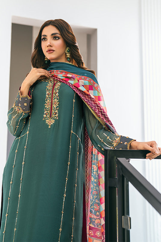 Teal Embroidered Khaadi Net Salwar Kameez (3-Piece) - Image 4