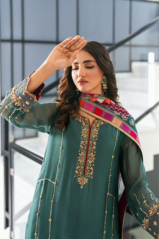 Teal Embroidered Khaadi Net Salwar Kameez (3-Piece) - Image 6