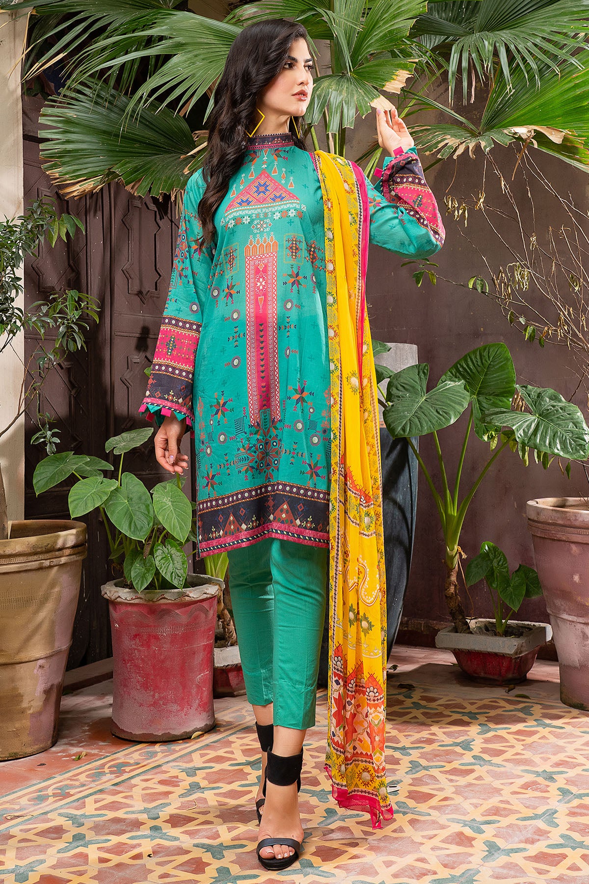 Pakistani Teal Digital Printed Lawn Salwar Kameez (3-Piece) - Image 1