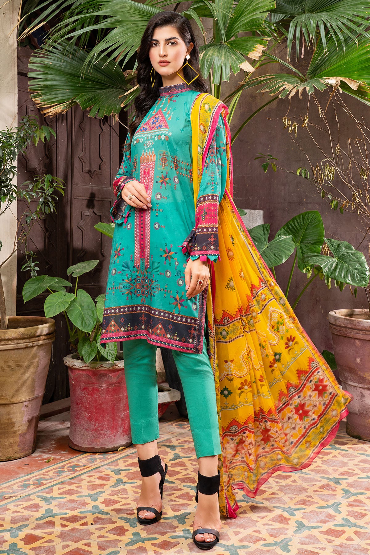 Pakistani Teal Digital Printed Lawn Salwar Kameez (3-Piece) - Image 2