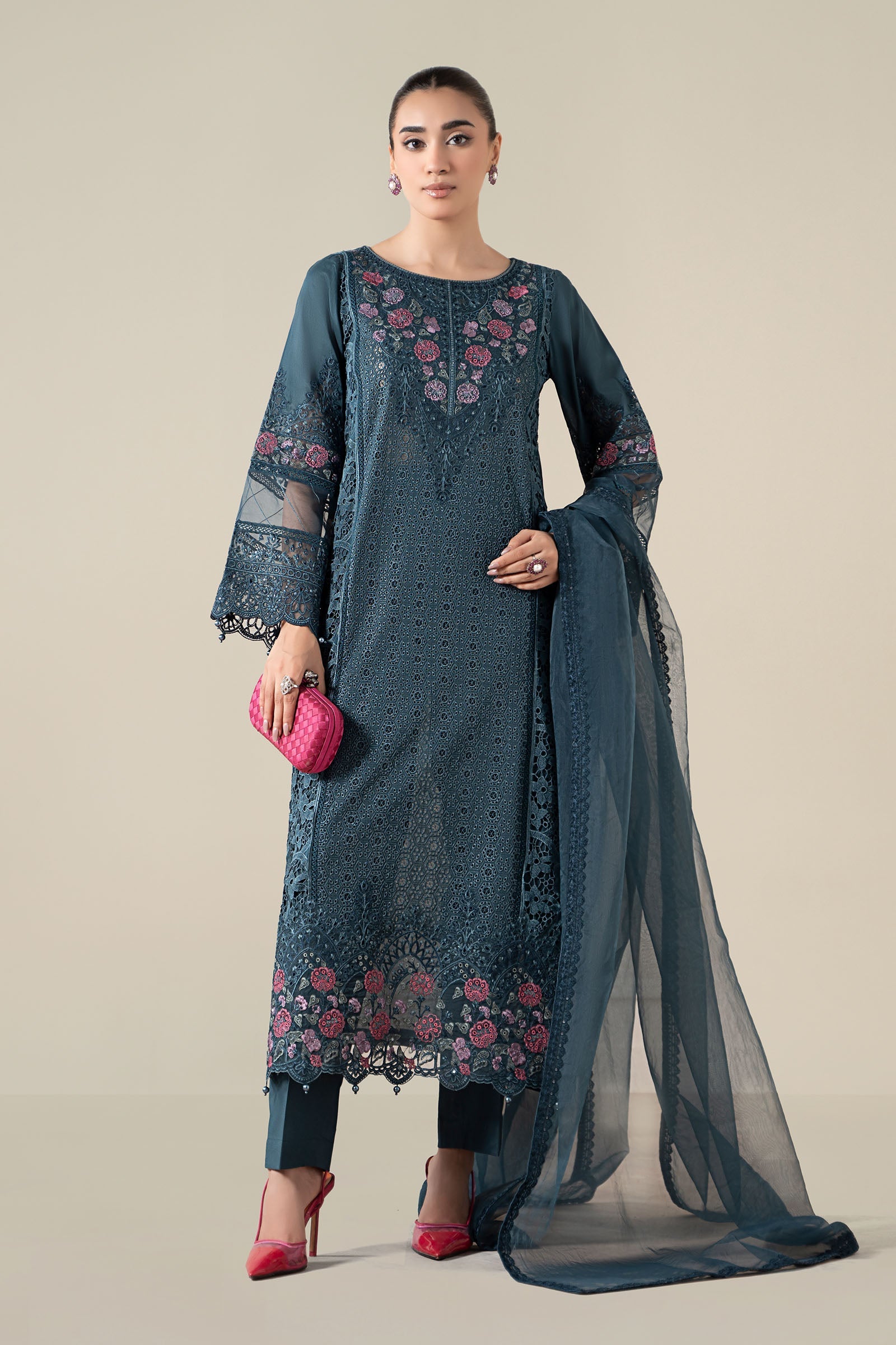 Pakistani Teal Blue Schiffli Embroidered Lawn 3-Piece Suit - Image 1