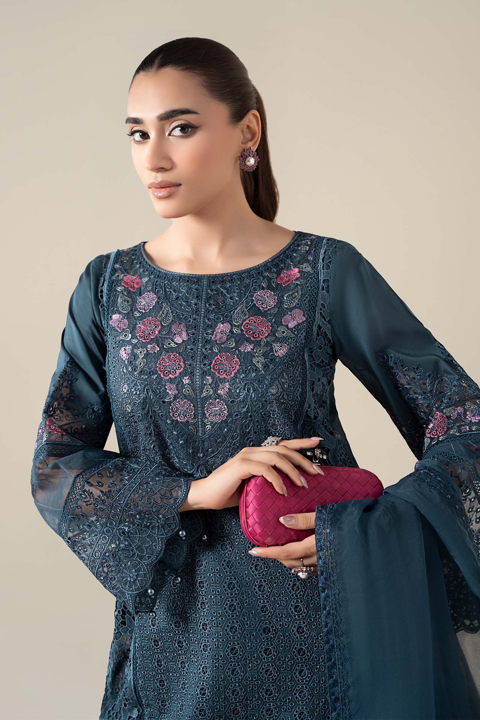 Pakistani Teal Blue Schiffli Embroidered Lawn 3-Piece Suit - Image 2