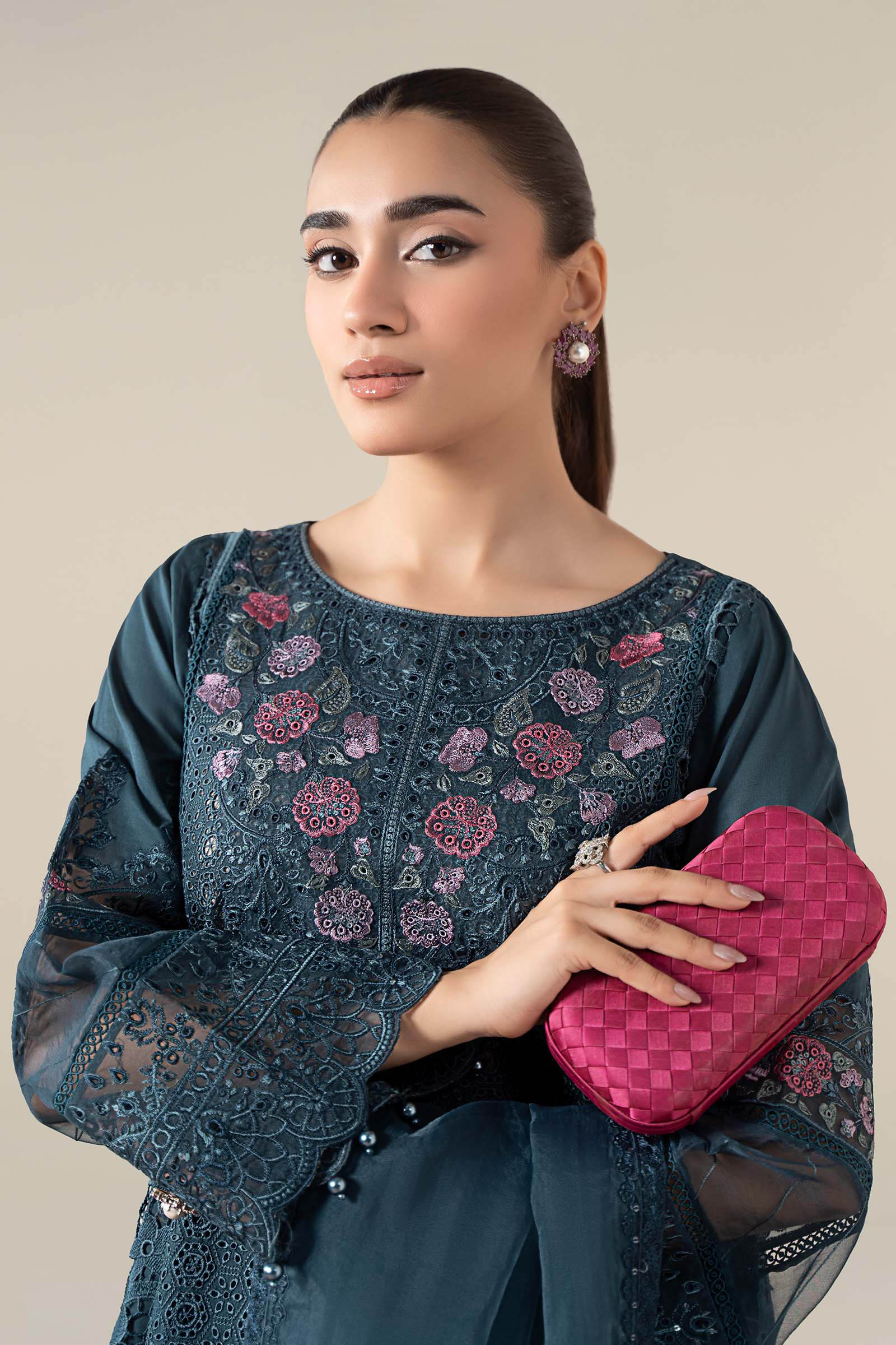 Pakistani Teal Blue Schiffli Embroidered Lawn 3-Piece Suit - Image 3