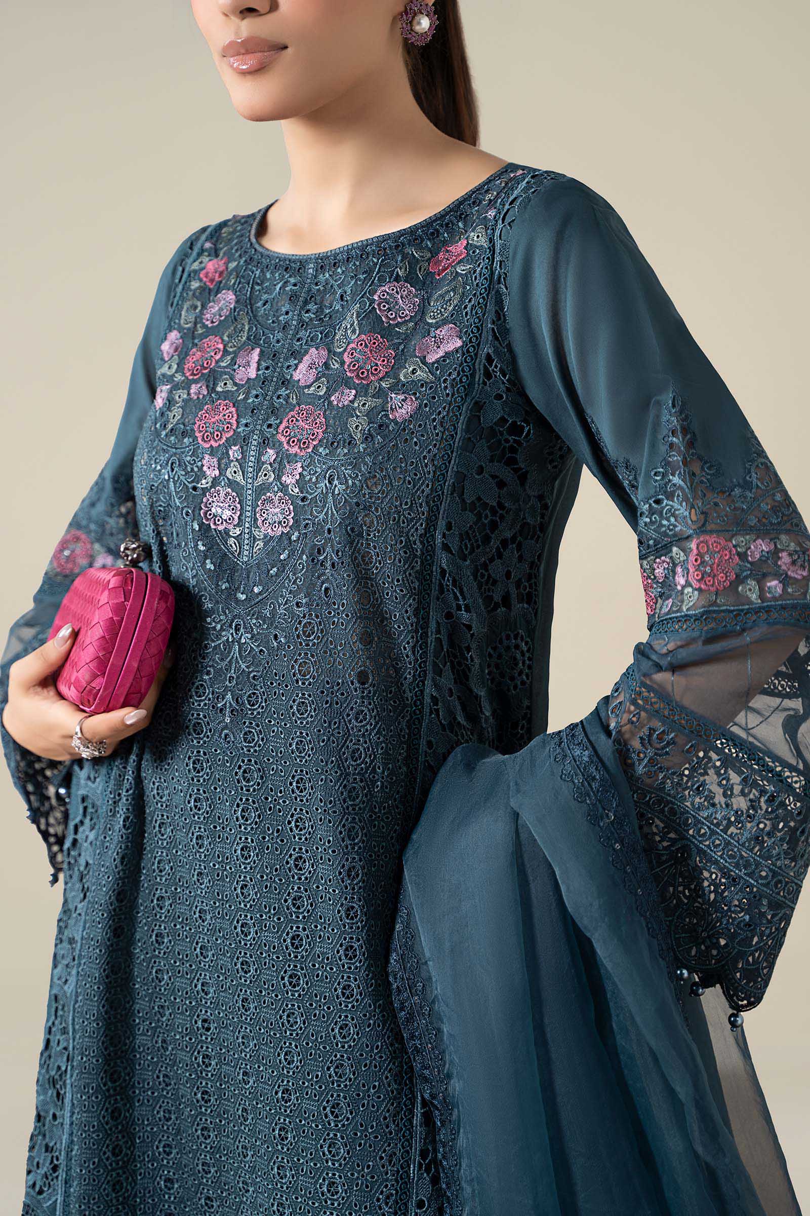 Pakistani Teal Blue Schiffli Embroidered Lawn 3-Piece Suit - Image 4