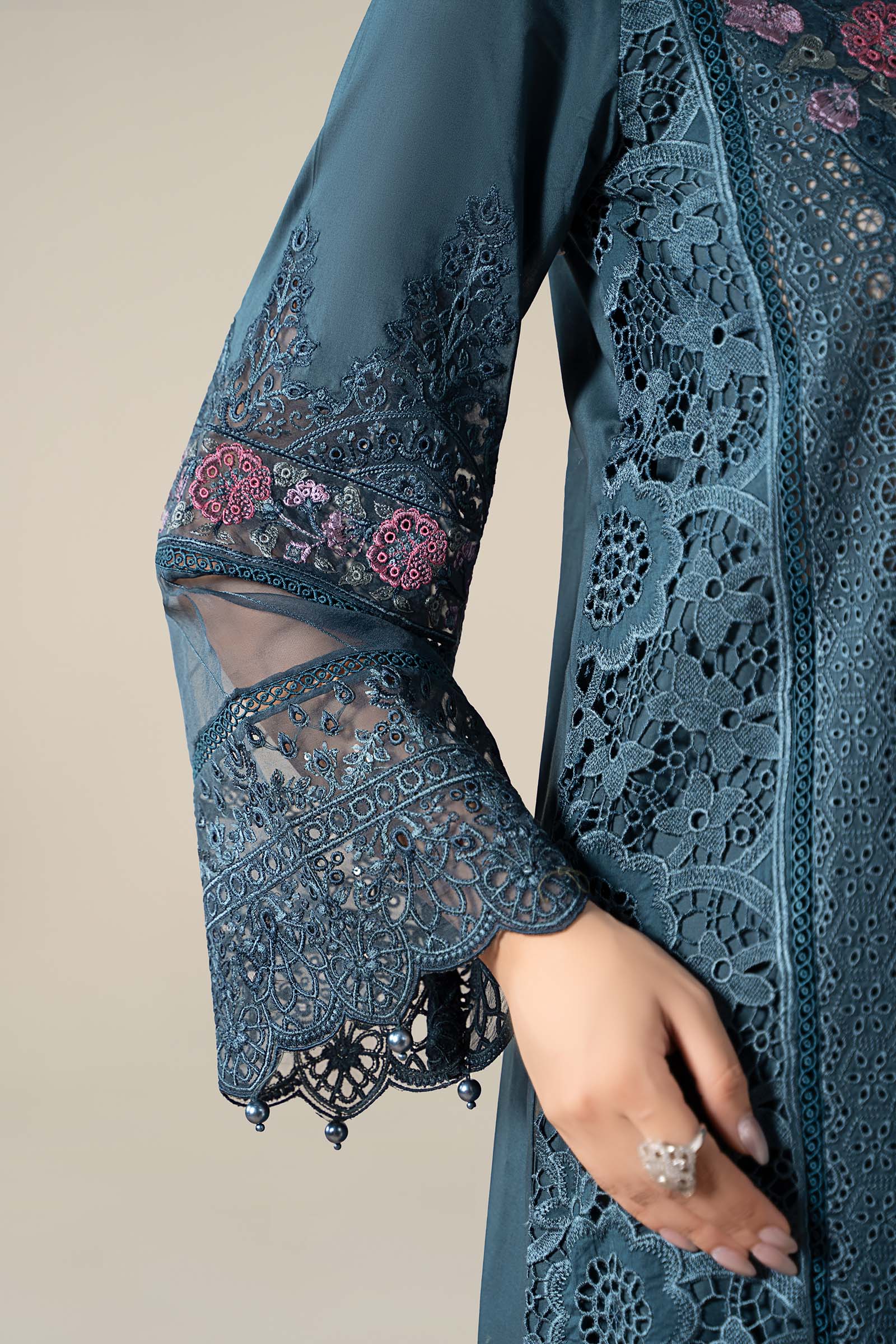 Pakistani Teal Blue Schiffli Embroidered Lawn 3-Piece Suit - Image 5