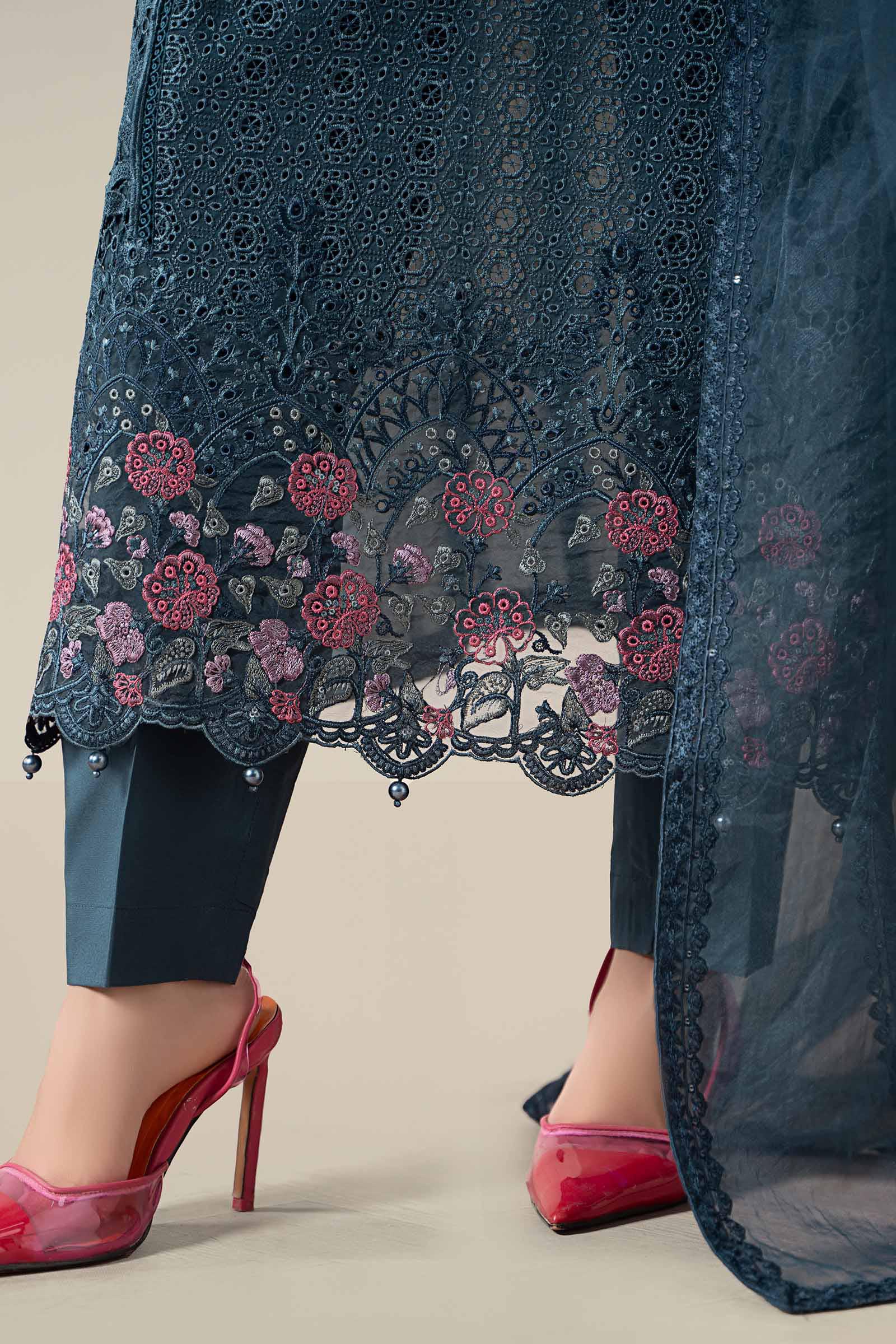 Pakistani Teal Blue Schiffli Embroidered Lawn 3-Piece Suit - Image 6