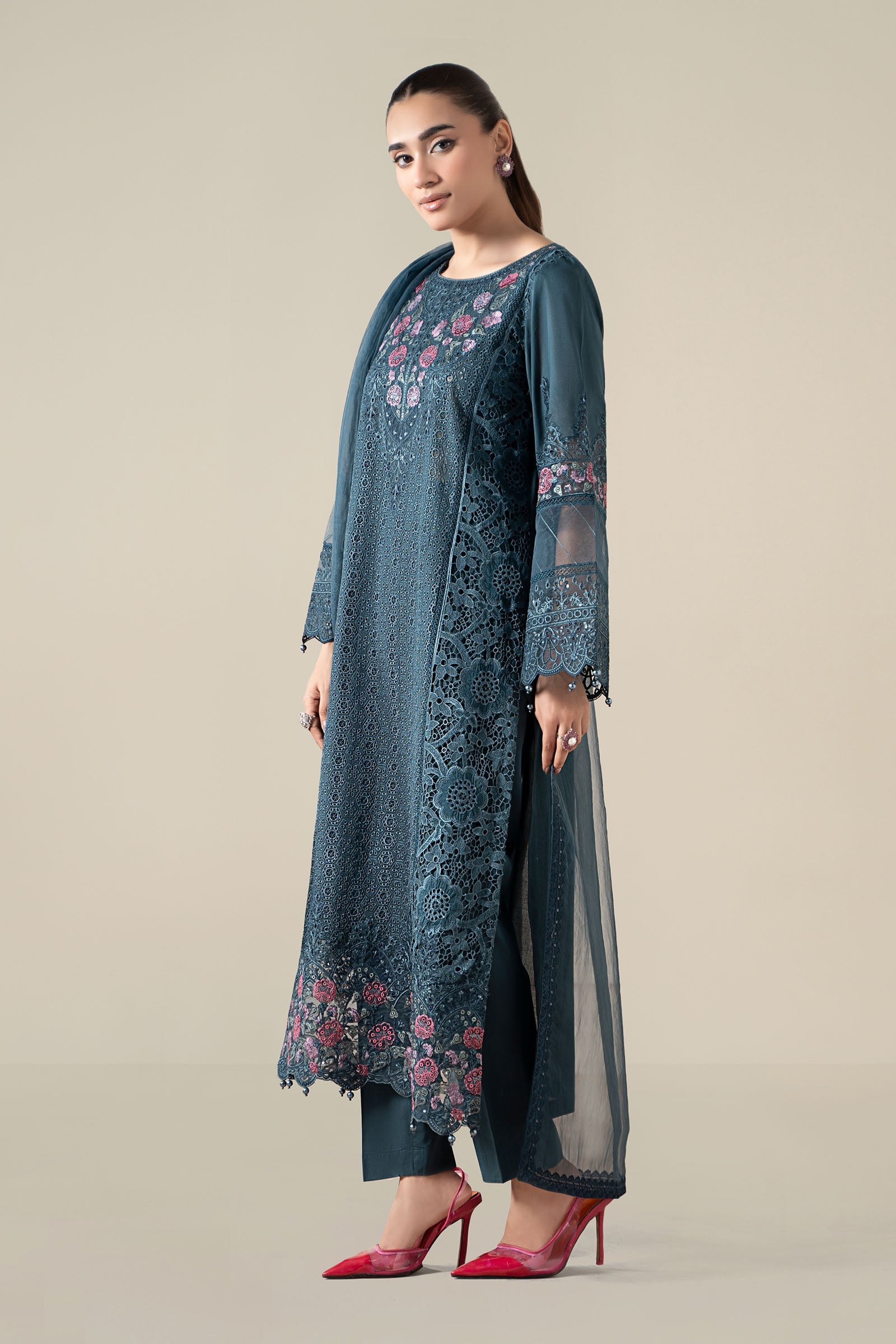 Pakistani Teal Blue Schiffli Embroidered Lawn 3-Piece Suit - Image 7