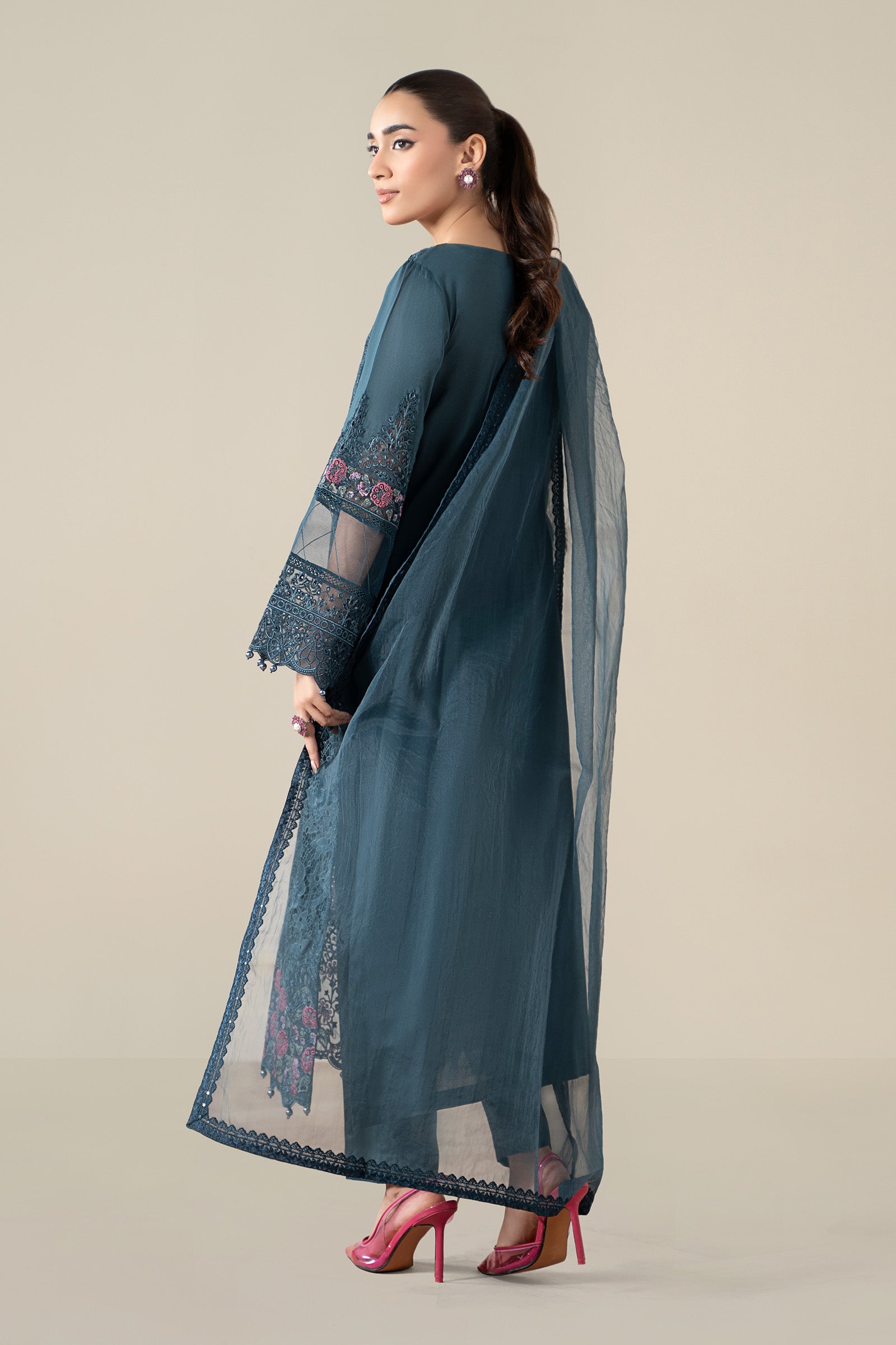 Pakistani Teal Blue Schiffli Embroidered Lawn 3-Piece Suit - Image 8