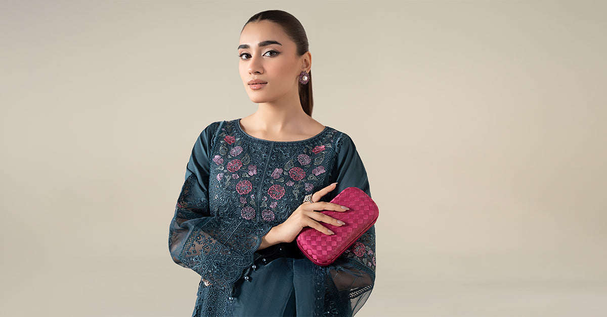 Pakistani Teal Blue Schiffli Embroidered Lawn 3-Piece Suit - Image 9