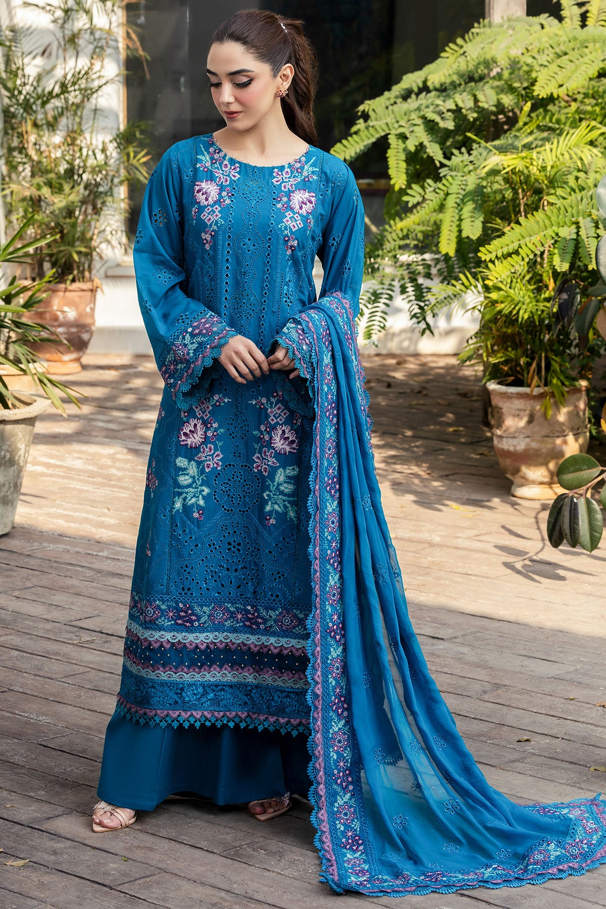 Pakistani Teal Schiffli Embroidered Lawn 3-Piece Suit - Image 1