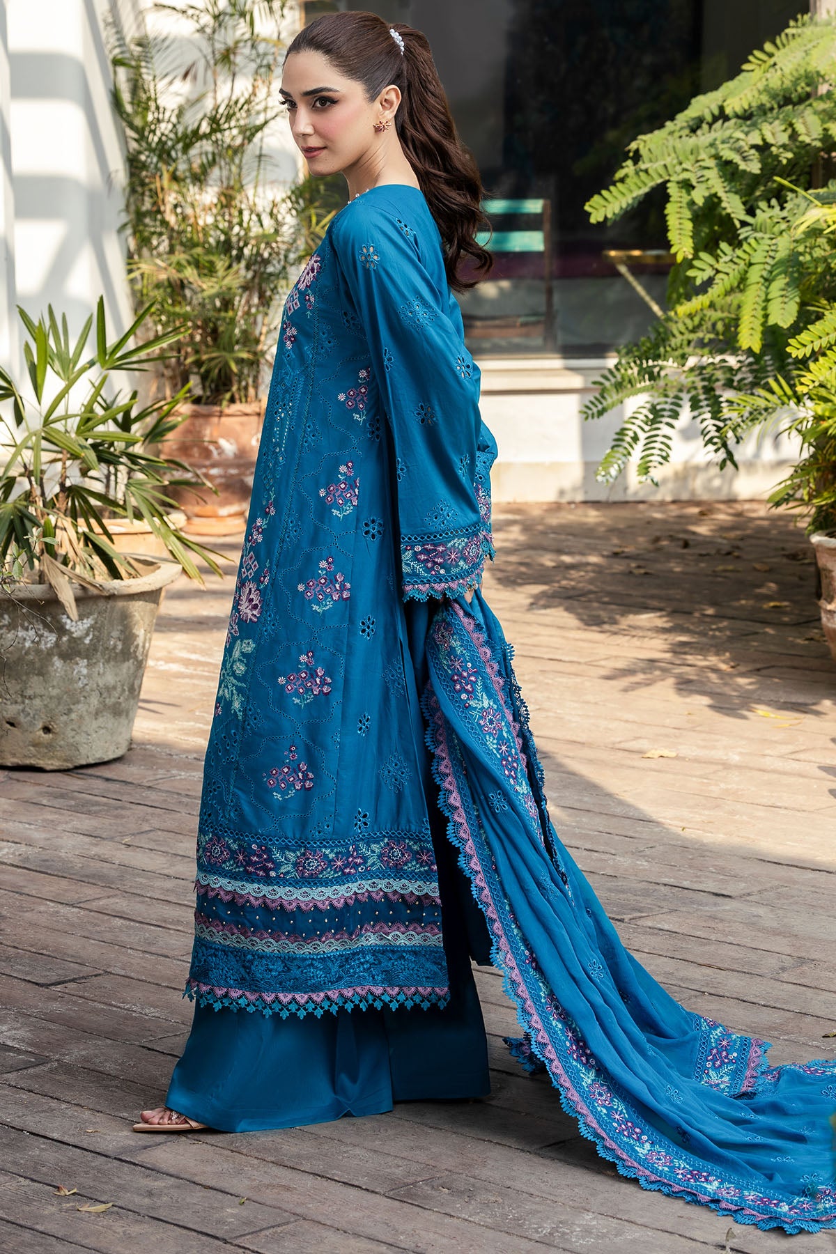 Pakistani Teal Schiffli Embroidered Lawn 3-Piece Suit - Image 2