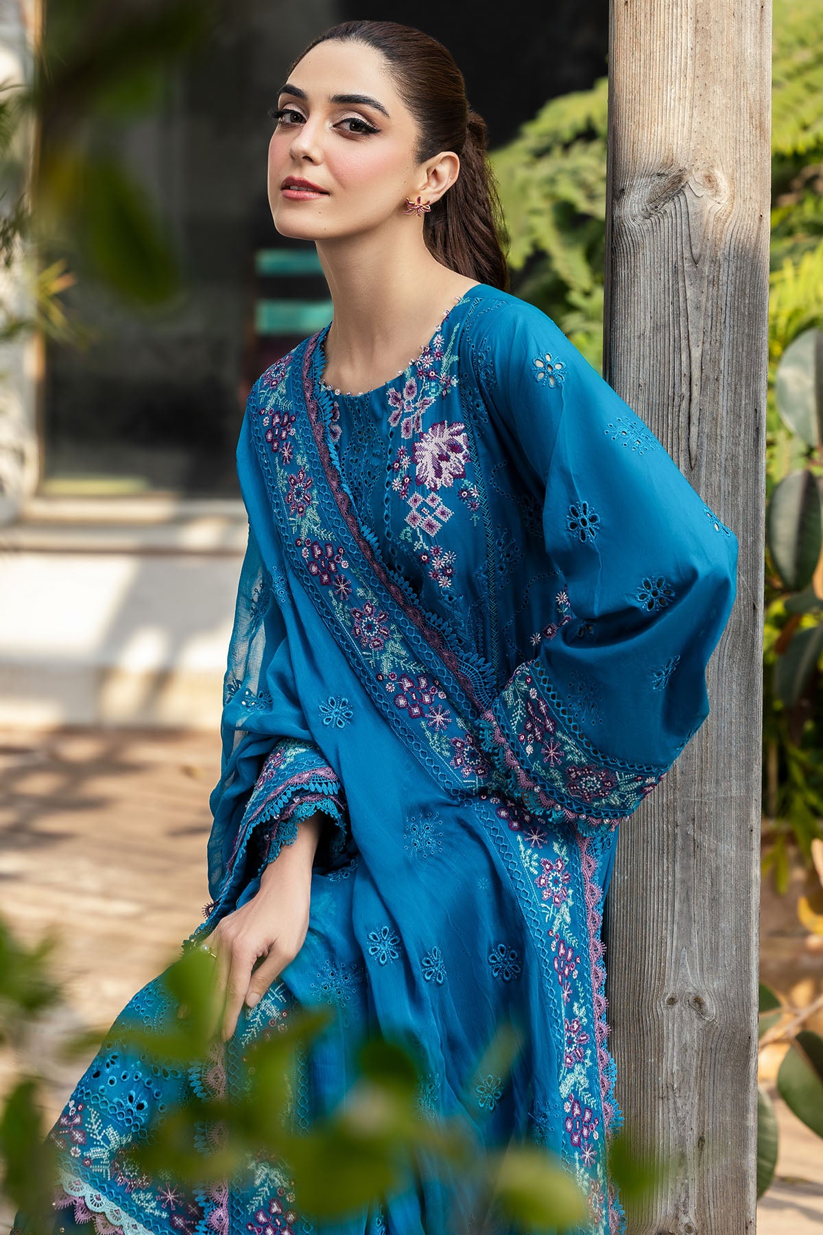 Pakistani Teal Schiffli Embroidered Lawn 3-Piece Suit - Image 3