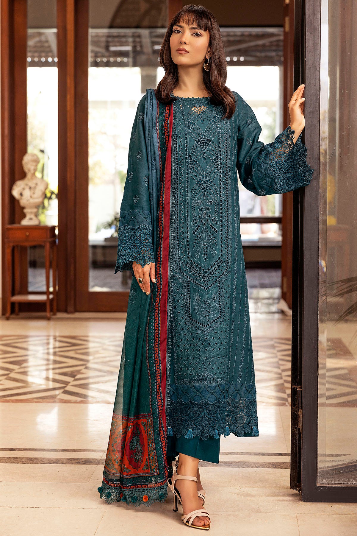 Pakistani Teal Schiffli Embroidered Lawn 3-Piece Suit - Image 1