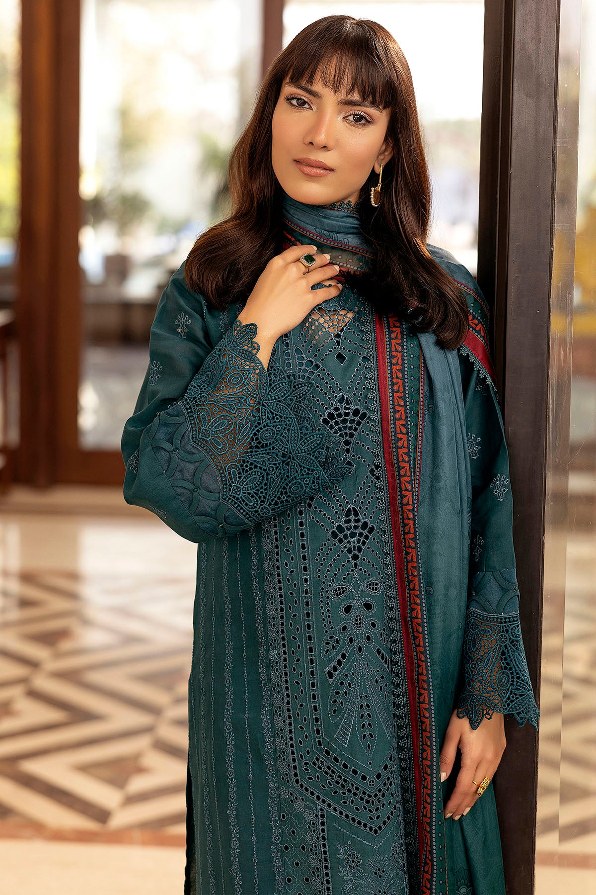 Pakistani Teal Schiffli Embroidered Lawn 3-Piece Suit - Image 3