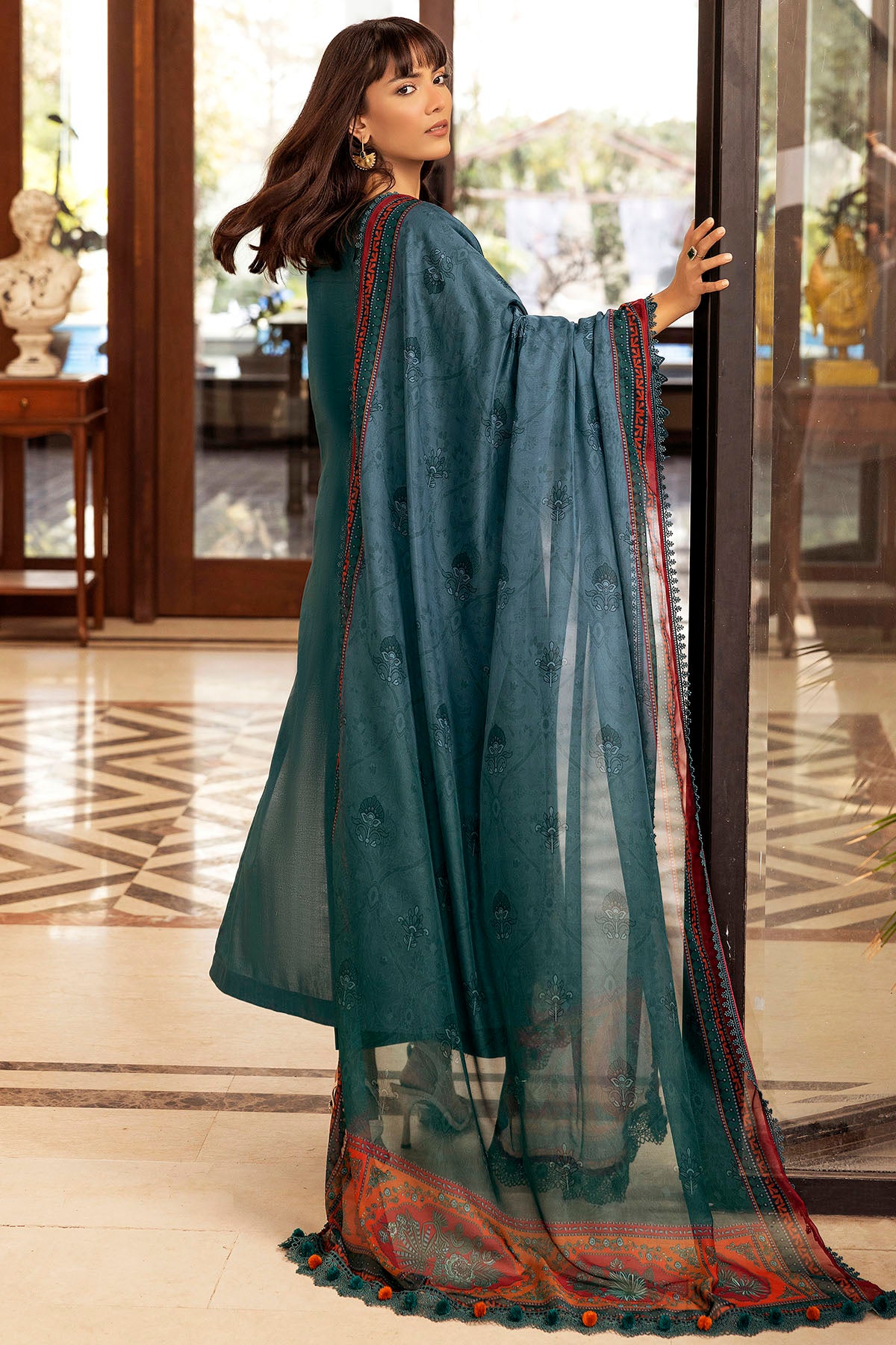 Pakistani Teal Schiffli Embroidered Lawn 3-Piece Suit - Image 4
