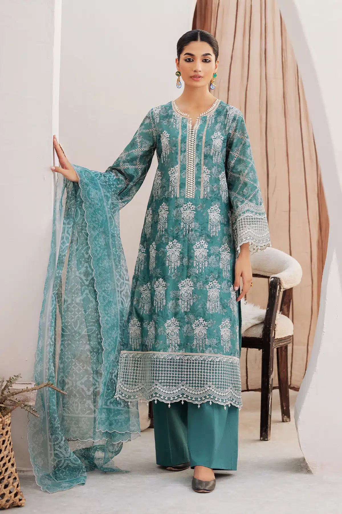 Pakistani Teal Schiffli Embroidered Lawn 3-Piece Suit - Image 1